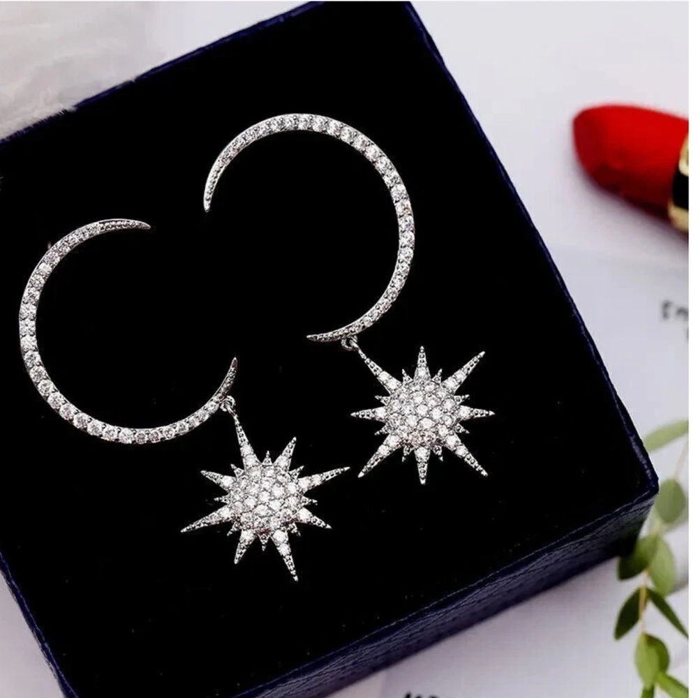 + Dazzling Silver Diamond Starburst Hoop Earrings - Picture 1 of 3